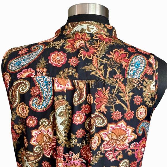 Cupio Dark Floral Paisley Sleeveless Long Line Top Button Up LG Boho Cottagecore - Picture 6 of 10